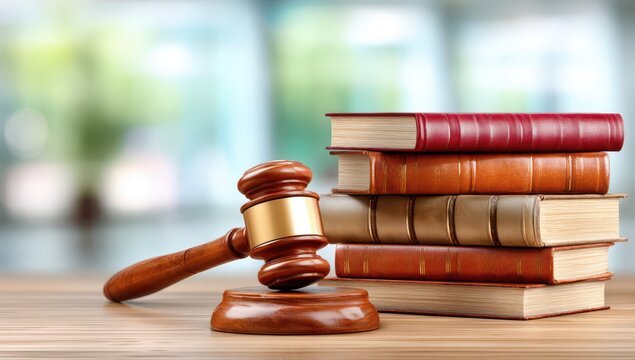 Justice System And Legal Authority: Gavel And Law Books Representing Courtroom Decisions And Legal Proceedings