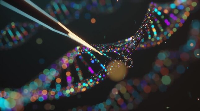 Abstract 3D visualization of CRISPR gene editing, iridescent DNA strands precisely modified by microscopic tools, vibrant colors on a dark background with a scientific aesthetic.