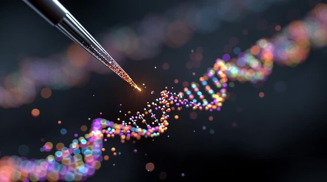 Abstract 3D visualization of CRISPR gene editing, iridescent DNA strands precisely modified by microscopic tools, vibrant colors on a dark background with a scientific aesthetic.