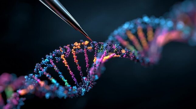 Abstract 3D visualization of CRISPR gene editing, iridescent DNA strands precisely modified by microscopic tools, vibrant colors on a dark background with a scientific aesthetic.