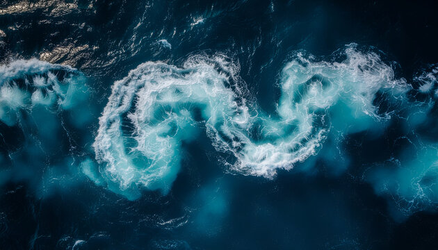 Aerial view of swirling ocean currents and foam.