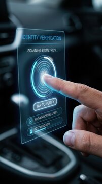 Man touching holographic screen for identity verification. Biometric fingerprint scan for digital security access. Futuristic car technology for personal authentication and data protection.