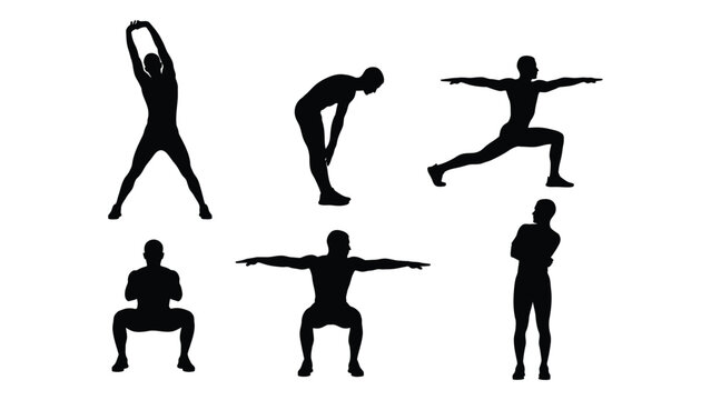 Silhouettes of people demonstrating various stretching and yoga poses against a white background