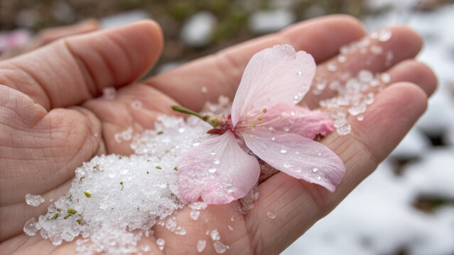 A transition from spring to winter concept. A delicate pink cherry blossom resting on a snowy hand.