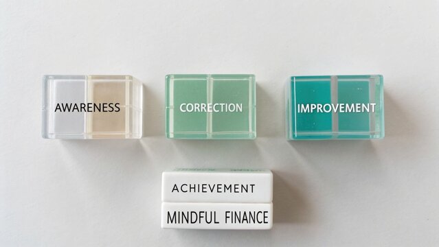 Blocks representing awareness, correction, improvement, achievement, and mindful finance, laid out on a white background for conceptual financial growth and development