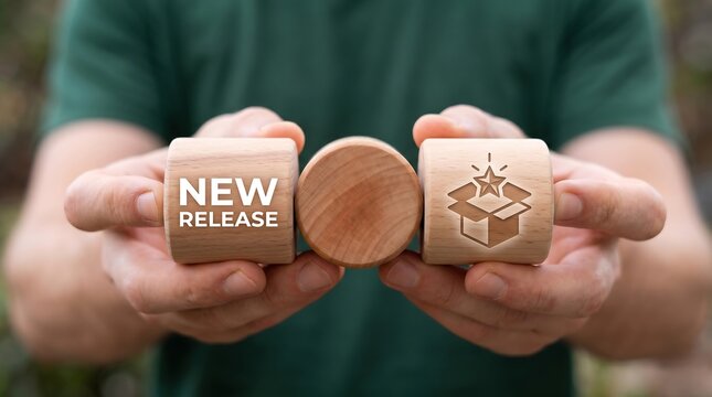 Man holding wooden blocks sees inscription: NEW RELEASE. New release concept. New product development. Coming soon announce. Update product version. new, release, product, business, software