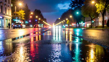 Fototapeta premium Rain soaked city street at night with colorful reflections.