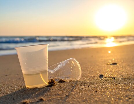 Plastic cups on a beach at sunrise