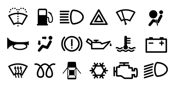 Car dashboard warning icons set. Automotive indicator symbols collection with fuel, engine, temperature, battery and safety alerts, Outline editable stroke vector illustration.