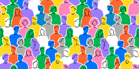 Obraz premium Colorful diverse people crowd abstract art seamless pattern. Multi-ethnic community, big cultural diversity group background illustration in modern collage painting style.