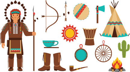 Native American Cultural Elements Illustration Set Featuring Warrior, Teepee, Drum, Bow, Arrow, and Traditional Symbols for Heritage, Western, and Ethnic Design Projects. © MstSuborna