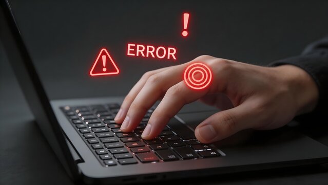 Hand typing on laptop with error icons
