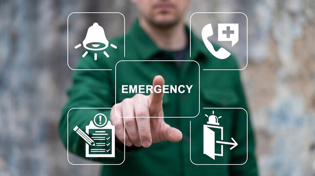 Man using virtual touch screen presses button with word: EMERGENCY. Business emergency plan concept. Checklist to do in disaster, emergency, safety, evacuation, plan