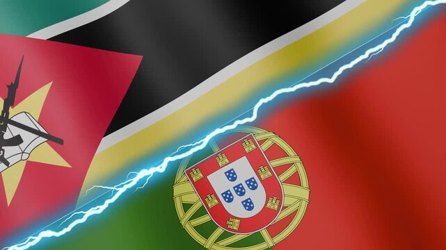 Two waving flags Mozambique and Portugal with diagonal lightning seamless, 4k loop