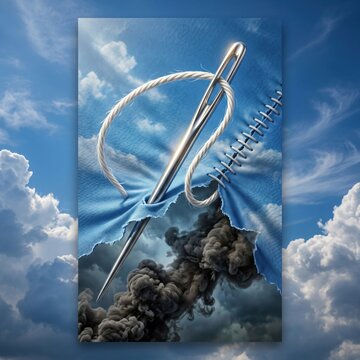 Needle and thread mending torn fabric against a sky backdrop