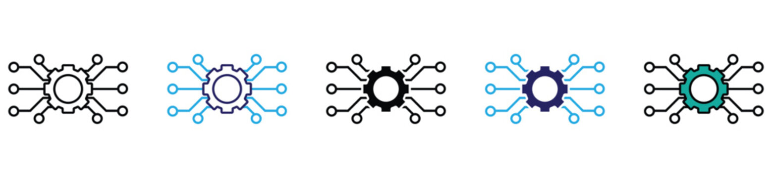 Technology Circuit Gear Icon Set in Flat and Outline Style