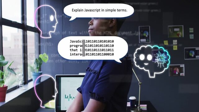 Woman, speech bubble asking Explain JS to her, AI brain converting binary to text for learning