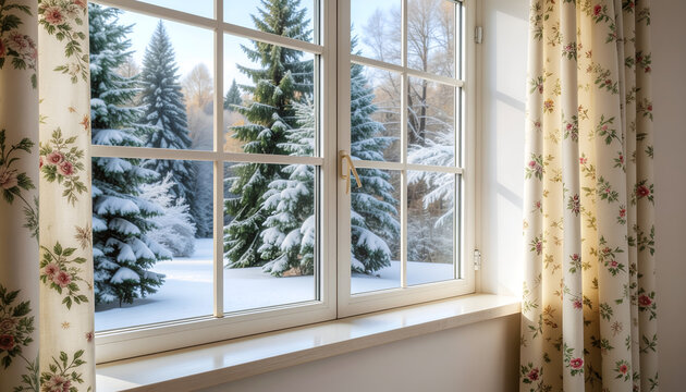 Cozy window view of snowy pine forest from a warm floral curtained room.
