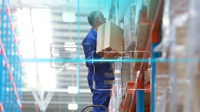 Male warehouse worker stepping up ladder, picking box for inventory check while HUD mapping stock