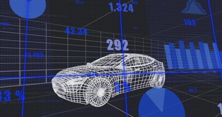 Fototapeta premium Rendering white wireframe sedan rotating on grid with axis lines, numeric overlays and pie
