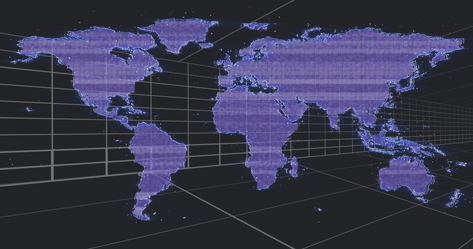 Projecting purple dotted world map, floating in 3D grid, showing scanlines and glowing points
