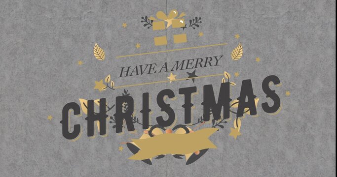 Displaying bold CHRISTMAS wordmark with slanted header, gold gift icon and ribbon on textured gray