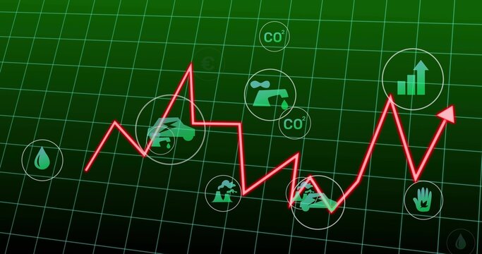 Charting red zigzag-trend line rising across digital green grid, with water, CO?, factory icons