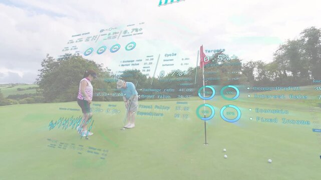 Golf instructor man lining up putt, initiating HUD alignment meters while student woman practicing