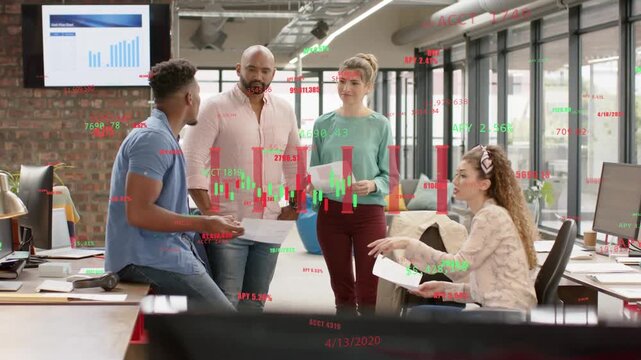 Vertical video: Analyst presenting pages, team reviewing finance chart with overlay crossing front
