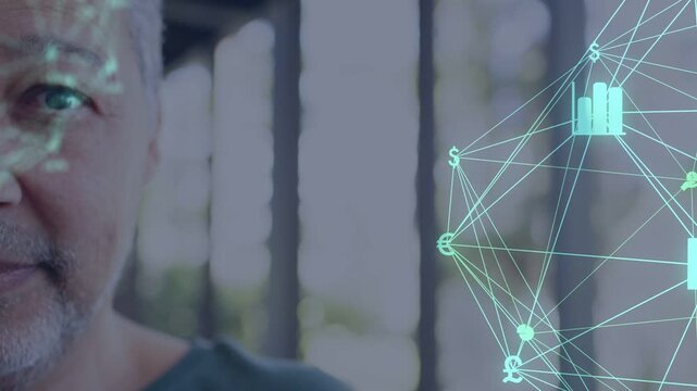 Mature man on left, face map appearing, teal finance web sliding from right showing currency charts