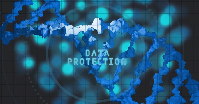 Glowing fragmented DNA-like helix winding across digital canvas, highlighting DATA PROTECTION text