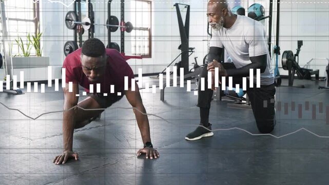Coach cueing, client doing plank mountain-climbers for form in fitness gym waveform guiding reps