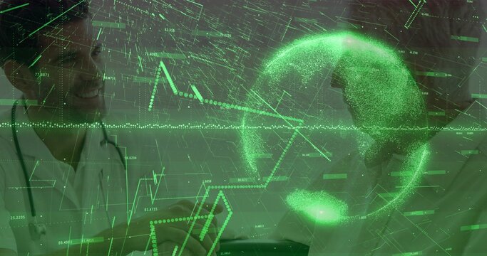 Projecting green 3D globe and charts over doctors wearing white coats in lab, tablet, stethoscope