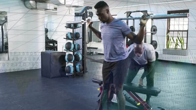 Trainer positioning bench, trainee lifting rear foot and bracing barbell for gym training
