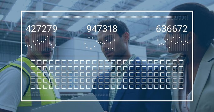 Reviewing trio leaning over tablet in warehouse, wearing high-visibility vest, suit, blazer, HUD