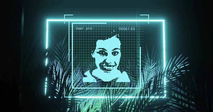 Displaying pixel female avatar portrait centered in dark exhibit, with cyan frame and palm leaves