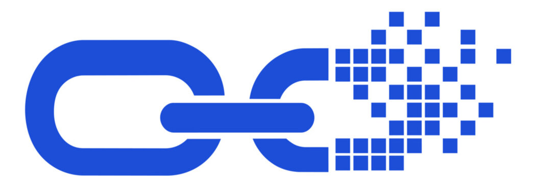 Digital chain link dissolving into pixels, blockchain technology concept