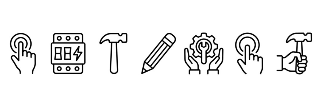 Set of repair, tools, and maintenance line art vector icons