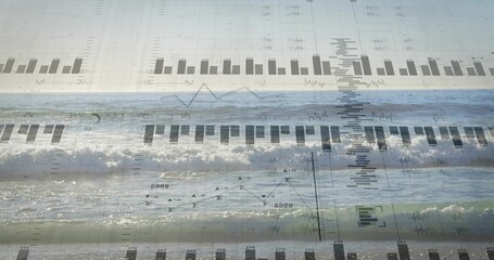 Fototapeta premium Blending seascape and translucent data overlays, creating coastal shoreline with waves and charts