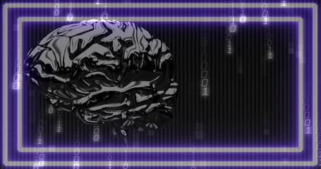 Fototapeta premium Glowing glossy black brain reflecting purple neon in studio with frames, binary streams, copy space