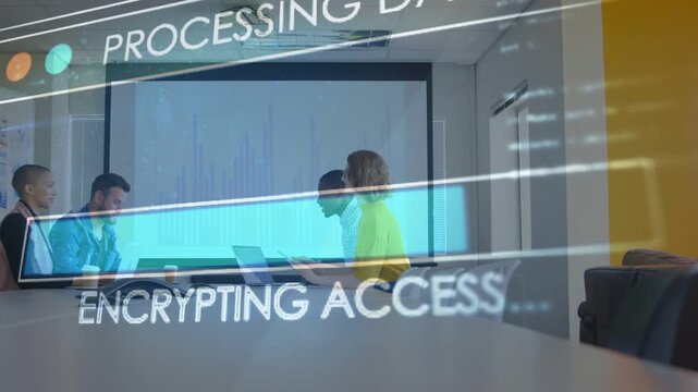 Team typing while overlay cycling messages obscuring view and revealing data chart, monitoring data
