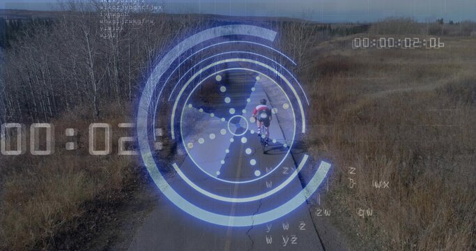 Riding teen cyclist on road bike wearing red-jersey helmet, heading down cracked road with blue HUD