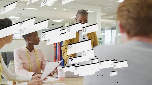 Presenter rising and showing designs for feedback, while white overlays partially obscuring faces