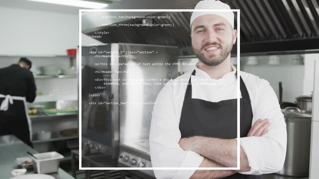 Head chef standing arms crossed, white box appearing and scrolling code overlay revealing kitchen