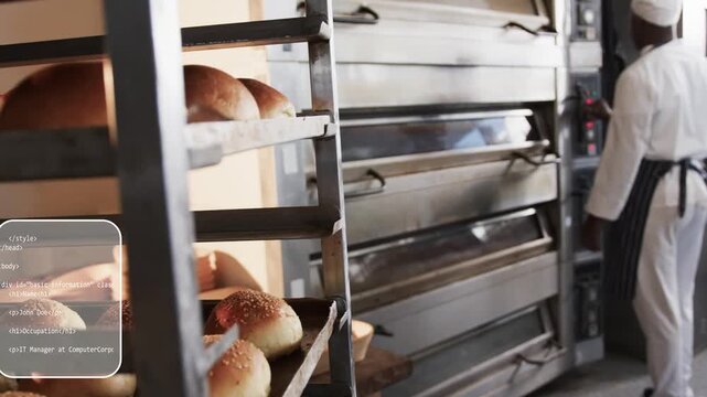 Camera pulling back, code overlays showing over oven, bakery rack, baker tuning oven checking bake