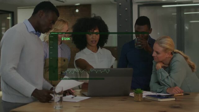 Team lead pointing at laptop, initiating finance overlay showing $120K, team adjusting pages