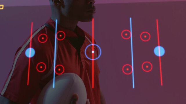Vertical video: Player holding ball as red line starting HUD on chest while head raising for sports