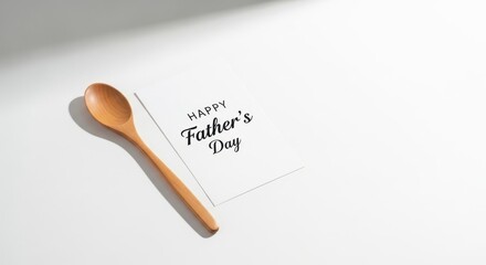 Naklejka premium Happy Father's Day greeting card with wooden spoon, minimalist breakfast celebration concept, white background with copy space for text