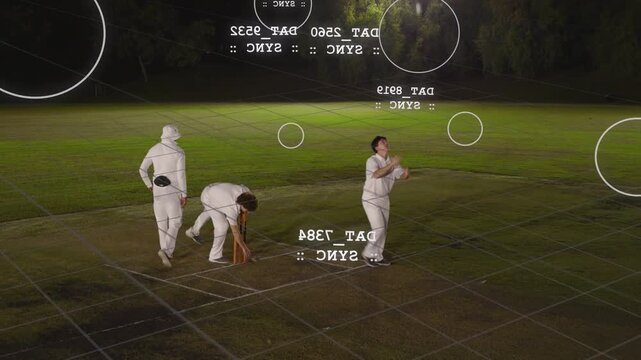 Cricket team starting bowler run-up delivering ball checking bails celebrating wicket with overlays