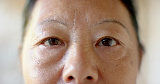 Senior Asian woman holding camera gaze at home, blinking then smiling slowly, responding to camera
